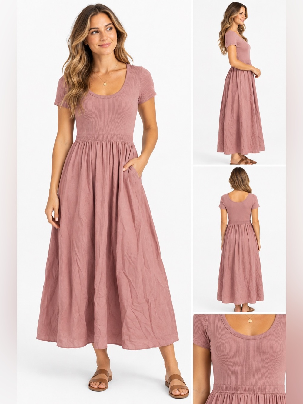 Gap Dress Womens Small Dusty Rose Pink Mixed Media Ribbed Knit Midi Maxi Casual